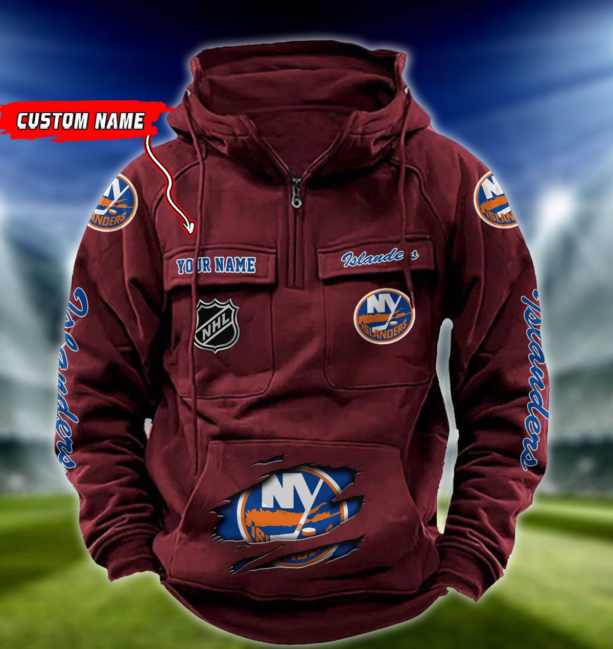 New-York-Islanders-NHL-Hockey-Vintage-Quarter-Zip-Hoodie-Retro-Hoodie-Custom-Name-WRH1021-2