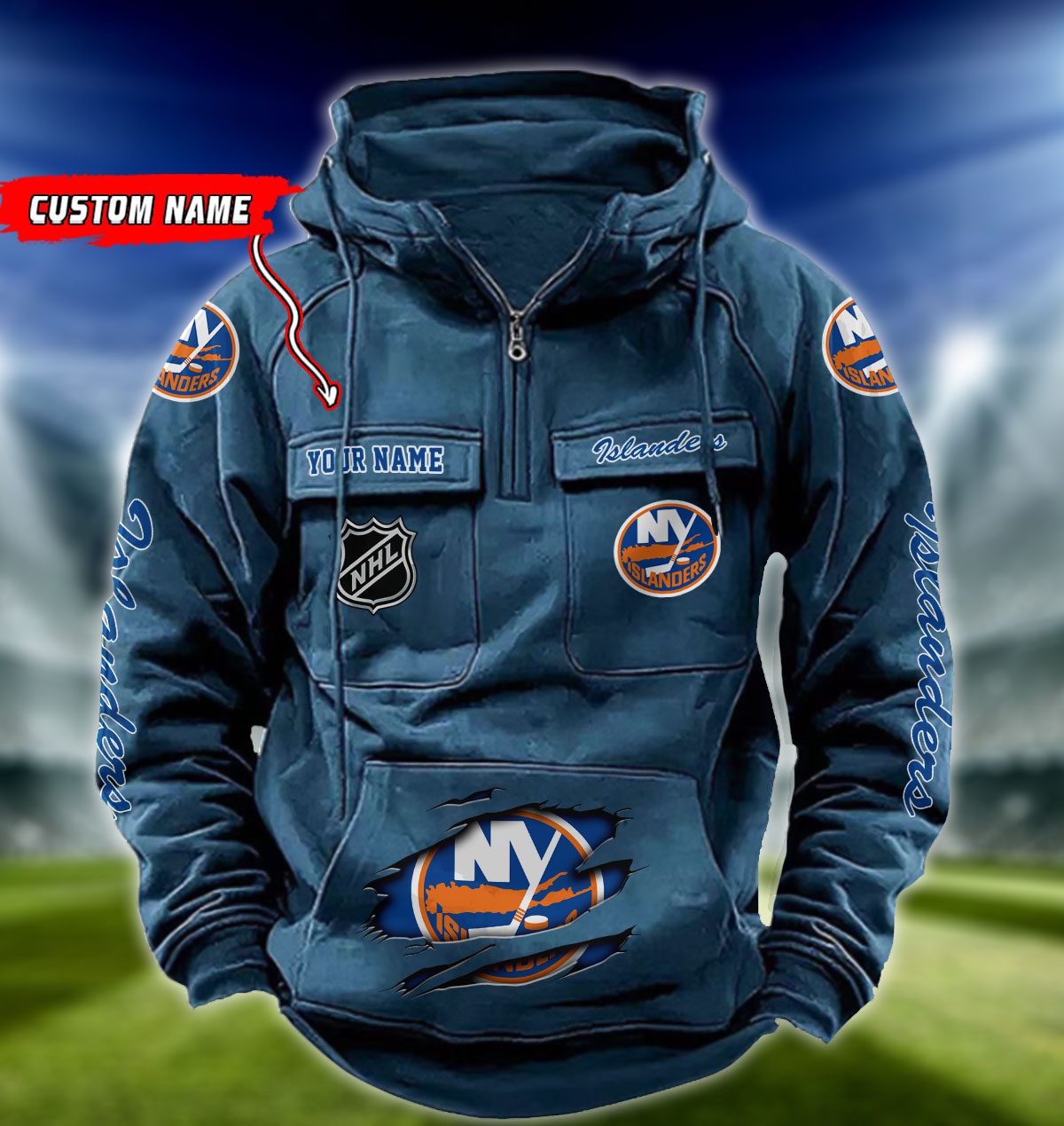 New-York-Islanders-NHL-Hockey-Vintage-Quarter-Zip-Hoodie-Retro-Hoodie-Custom-Name-WRH1021-3