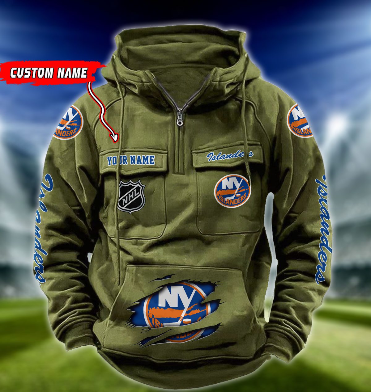 New-York-Islanders-NHL-Hockey-Vintage-Quarter-Zip-Hoodie-Retro-Hoodie-Custom-Name-WRH1021-4