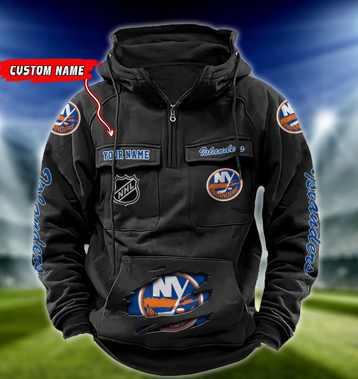 New-York-Islanders-NHL-Hockey-Vintage-Quarter-Zip-Hoodie-Retro-Hoodie-Custom-Name-WRH1021 New York Islanders NHL Hockey Vintage Quarter Zip Hoodie Retro Hoodie Custom Name WRH1021