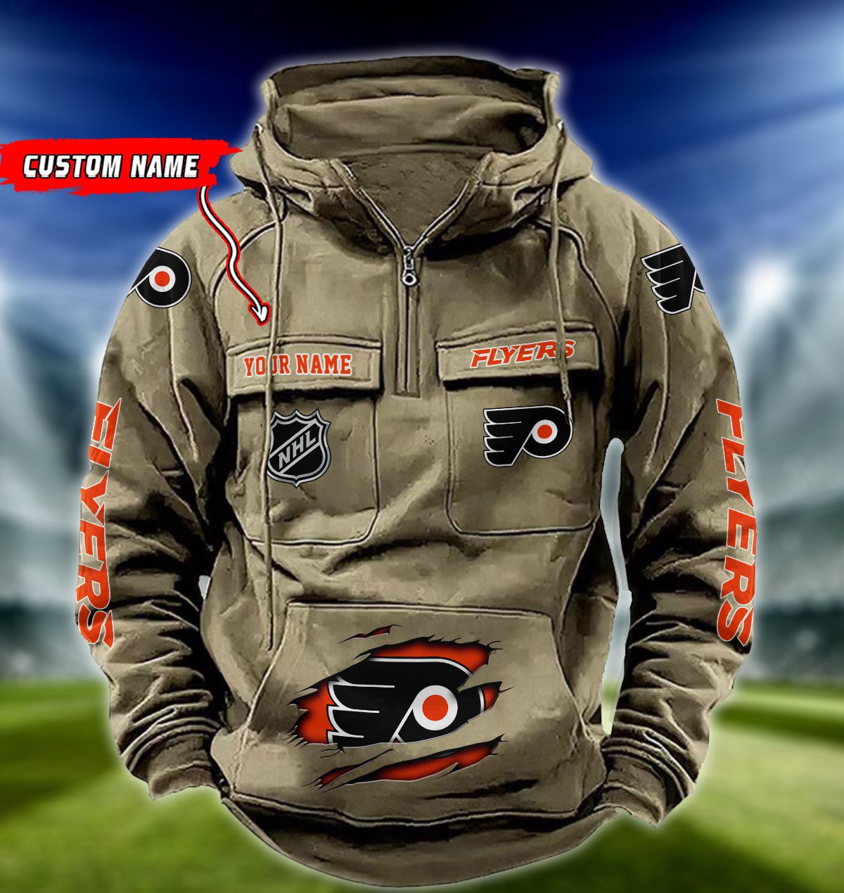 Philadelphia-Flyers-NHL-Hockey-Vintage-Quarter-Zip-Hoodie-Retro-Hoodie-Custom-Name-WRH1020-1