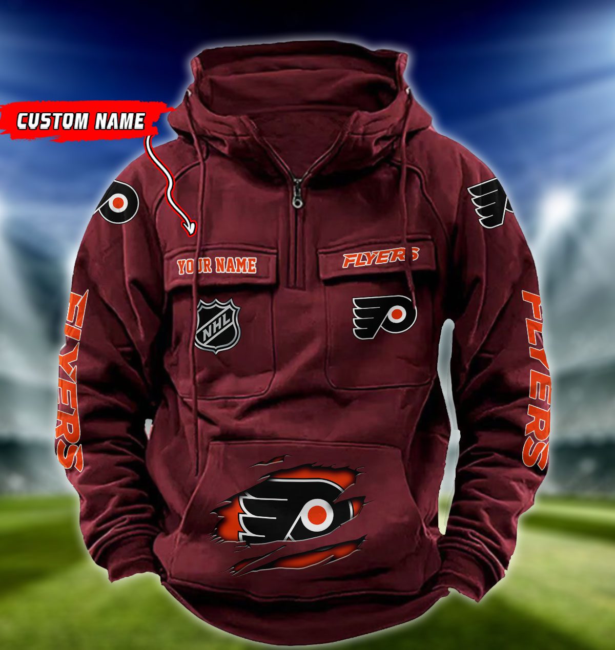 Philadelphia-Flyers-NHL-Hockey-Vintage-Quarter-Zip-Hoodie-Retro-Hoodie-Custom-Name-WRH1020-2