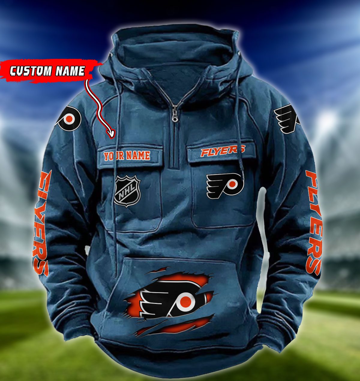 Philadelphia-Flyers-NHL-Hockey-Vintage-Quarter-Zip-Hoodie-Retro-Hoodie-Custom-Name-WRH1020-3