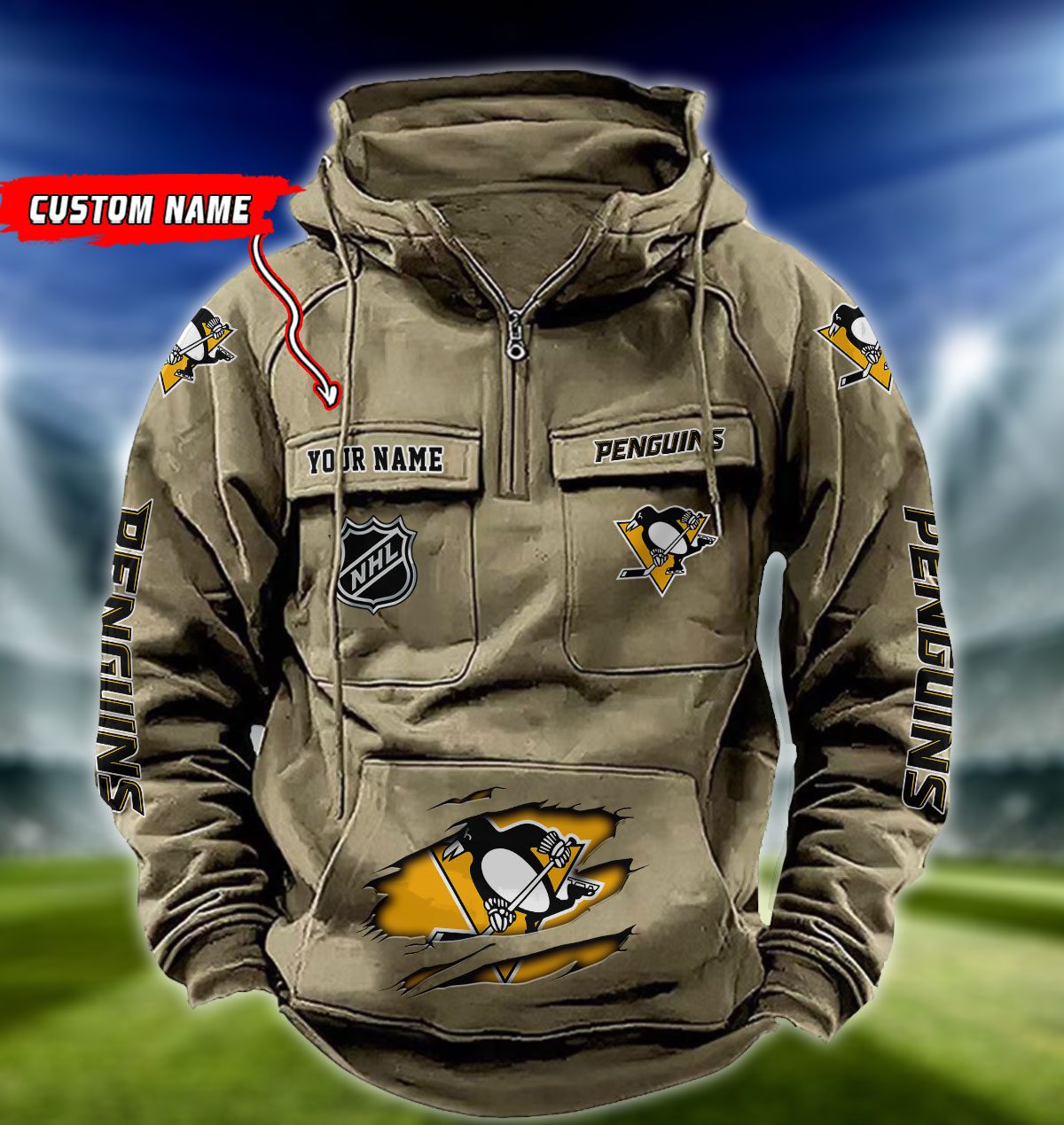 Pittsburgh-Penguins-NHL-Hockey-Vintage-Quarter-Zip-Hoodie-Retro-Hoodie-Custom-Name-WRH1023-1