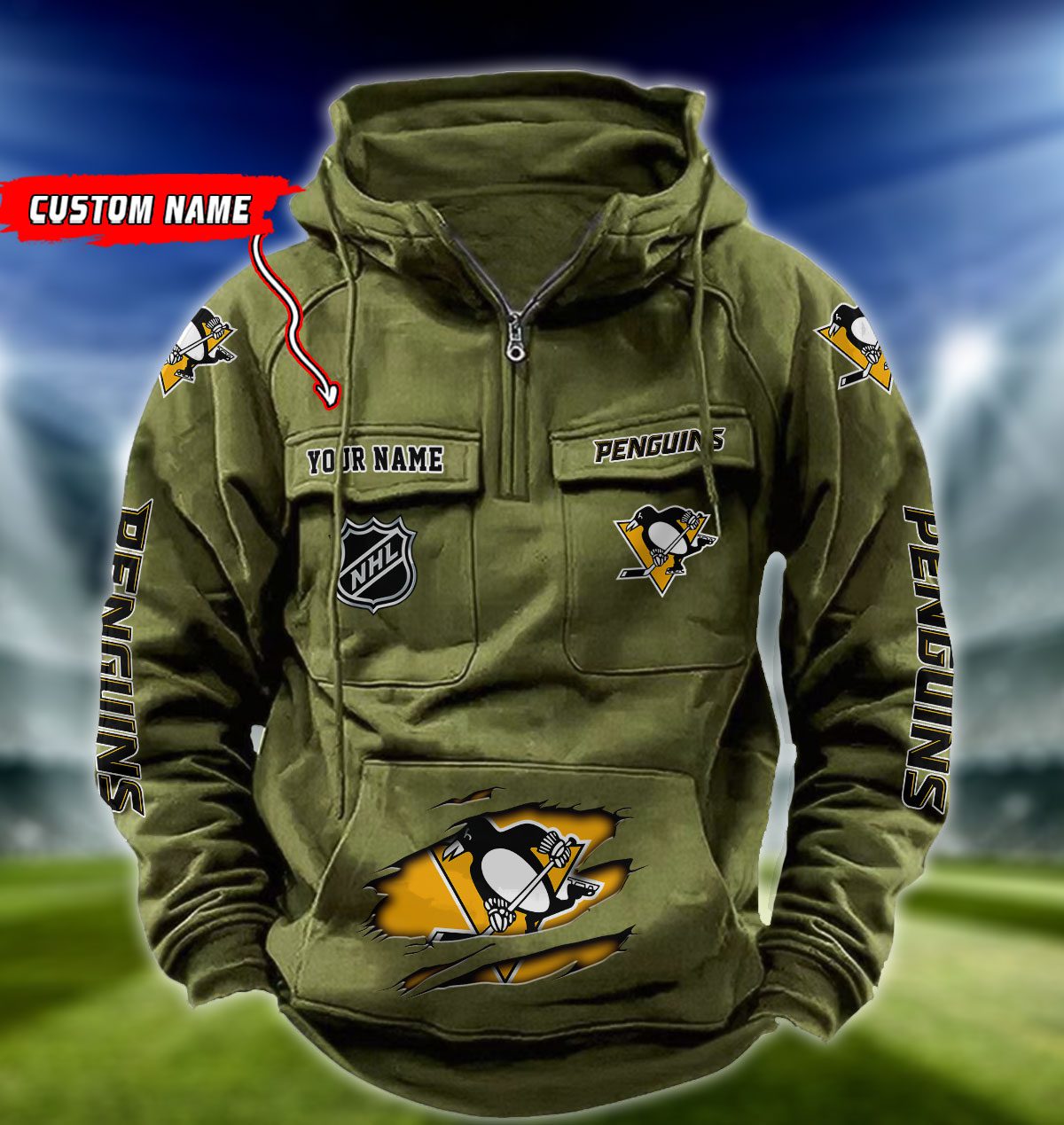 Pittsburgh-Penguins-NHL-Hockey-Vintage-Quarter-Zip-Hoodie-Retro-Hoodie-Custom-Name-WRH1023-4