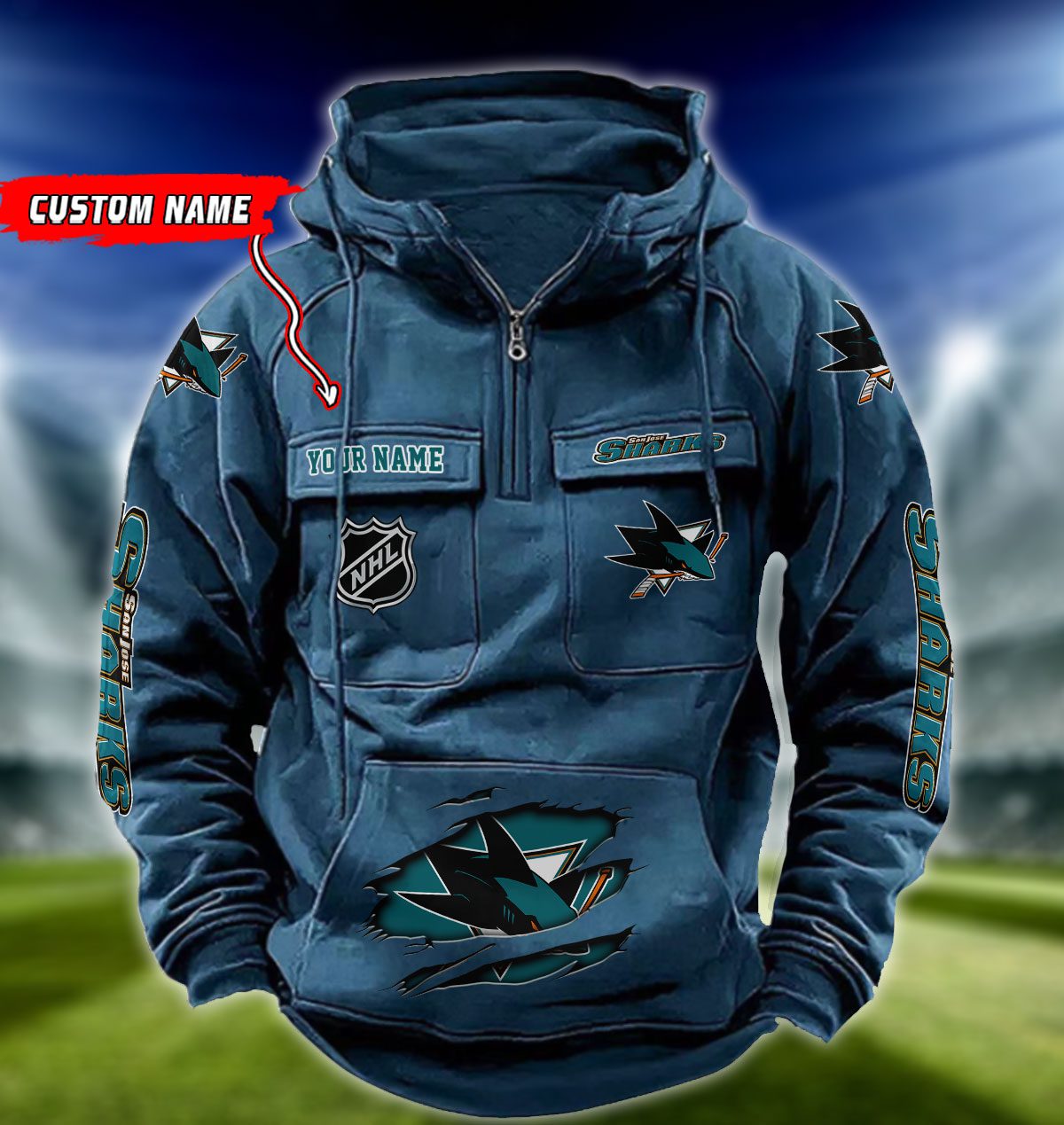 San-Jose-Sharks-NHL-Hockey-Vintage-Quarter-Zip-Hoodie-Retro-Hoodie-Custom-Name-WRH1024-3