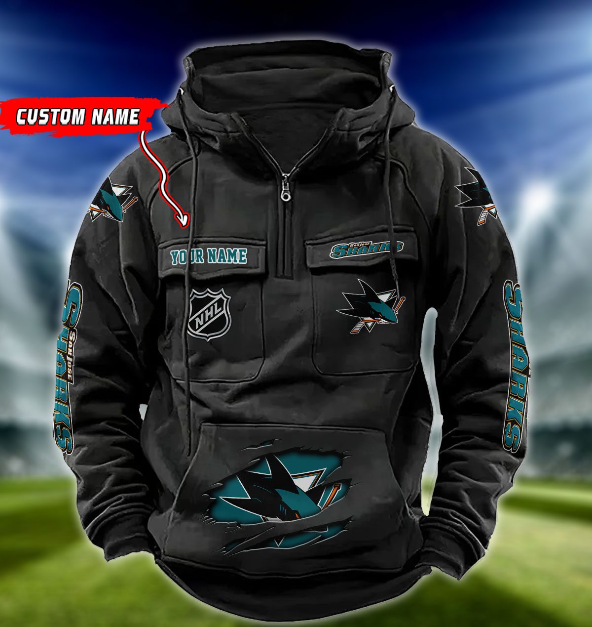 San-Jose-Sharks-NHL-Hockey-Vintage-Quarter-Zip-Hoodie-Retro-Hoodie-Custom-Name-WRH1024 San Jose Sharks NHL Hockey Vintage Quarter Zip Hoodie Retro Hoodie Custom Name WRH1024