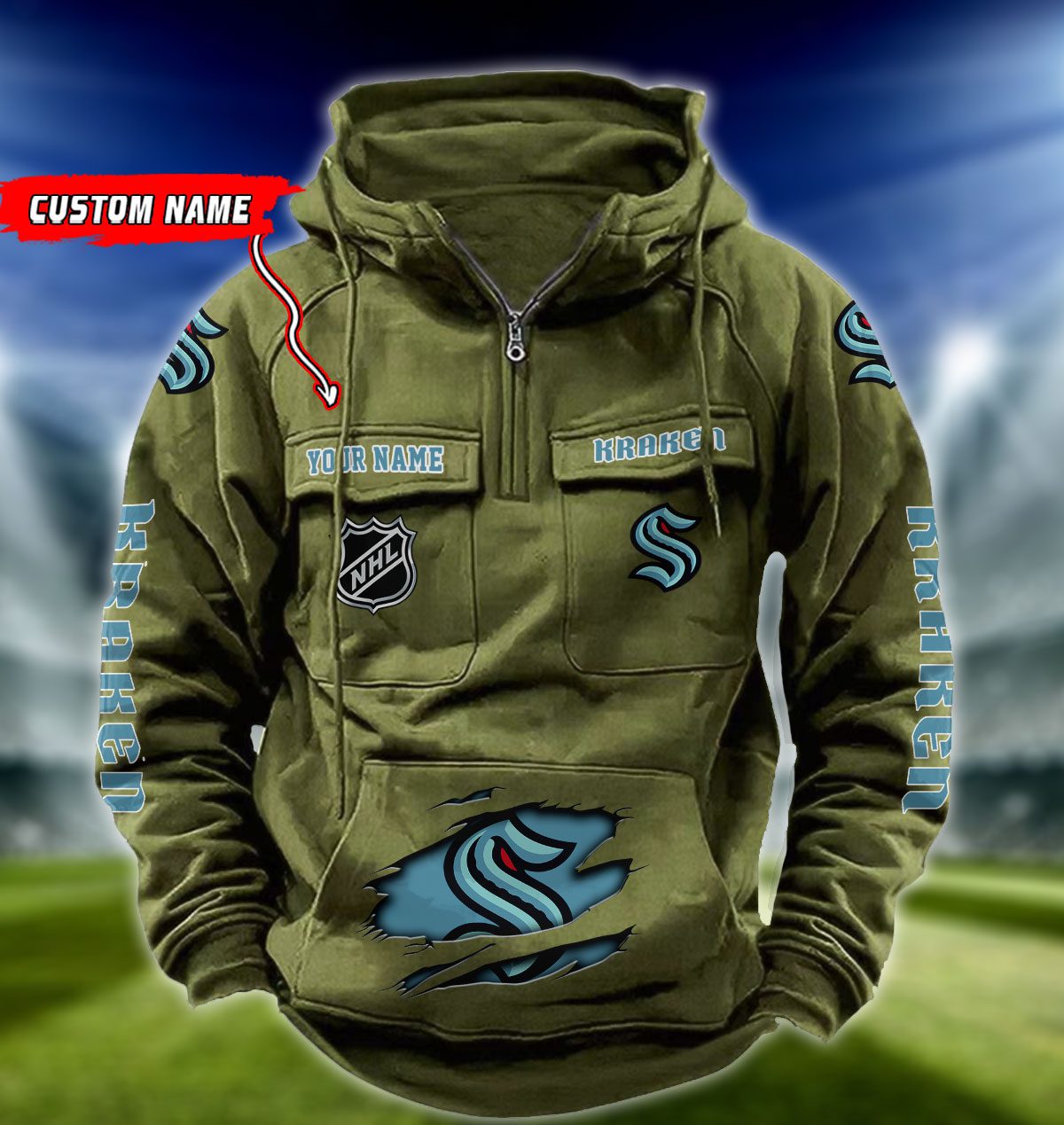 Seattle-Kraken-NHL-Hockey-Vintage-Quarter-Zip-Hoodie-Retro-Hoodie-Custom-Name-WRH1025-4