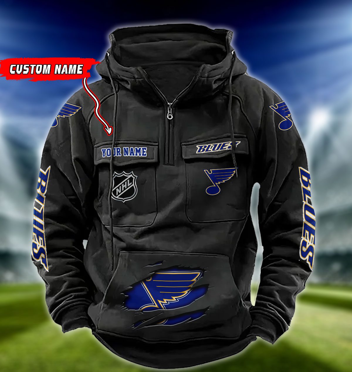 St-Louis-Blues-NHL-Hockey-Vintage-Quarter-Zip-Hoodie-Retro-Hoodie-Custom-Name-WRH1026 St Louis Blues NHL Hockey Vintage Quarter Zip Hoodie Retro Hoodie Custom Name WRH1026