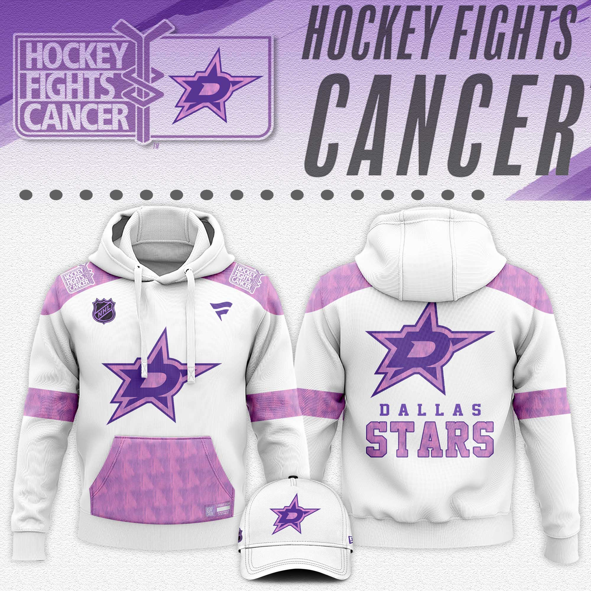 Dallas-Stars-x-Hockey-Fights-Cancer-White-Unisex-Hoodie-Cap-Joggers-Set-202425-HCJ1365 Dallas Stars x Hockey Fights Cancer White Unisex Hoodie Cap Joggers Set 2024/25 HCJ1365