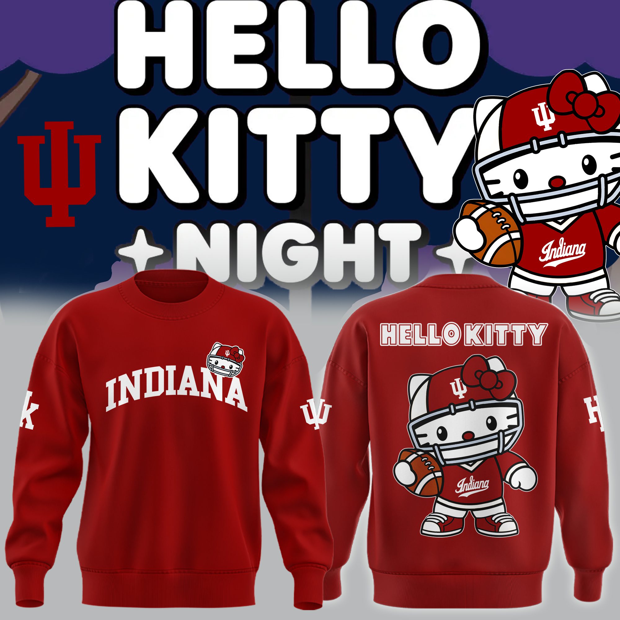 Hello-Kitty-X-Indiana-Hoosiers-Football-Sweatshirt-BCT1059 Hello Kitty X Indiana Hoosiers Football Sweatshirt BCT1059