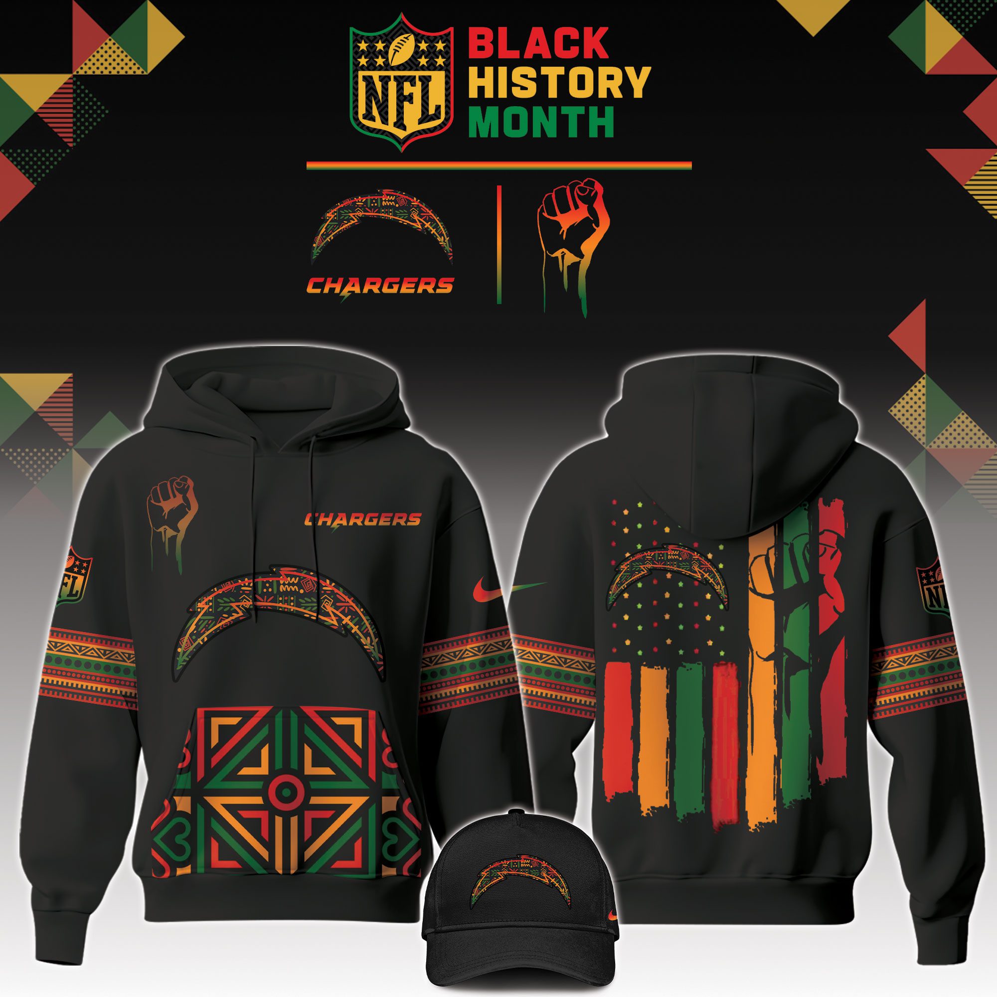 Los-Angeles-Chargers-NFL-Black-History-Month-Unisex-Hoodie-Set-GHS2018 Los Angeles Chargers NFL Black History Month Unisex Hoodie Set GHS2018