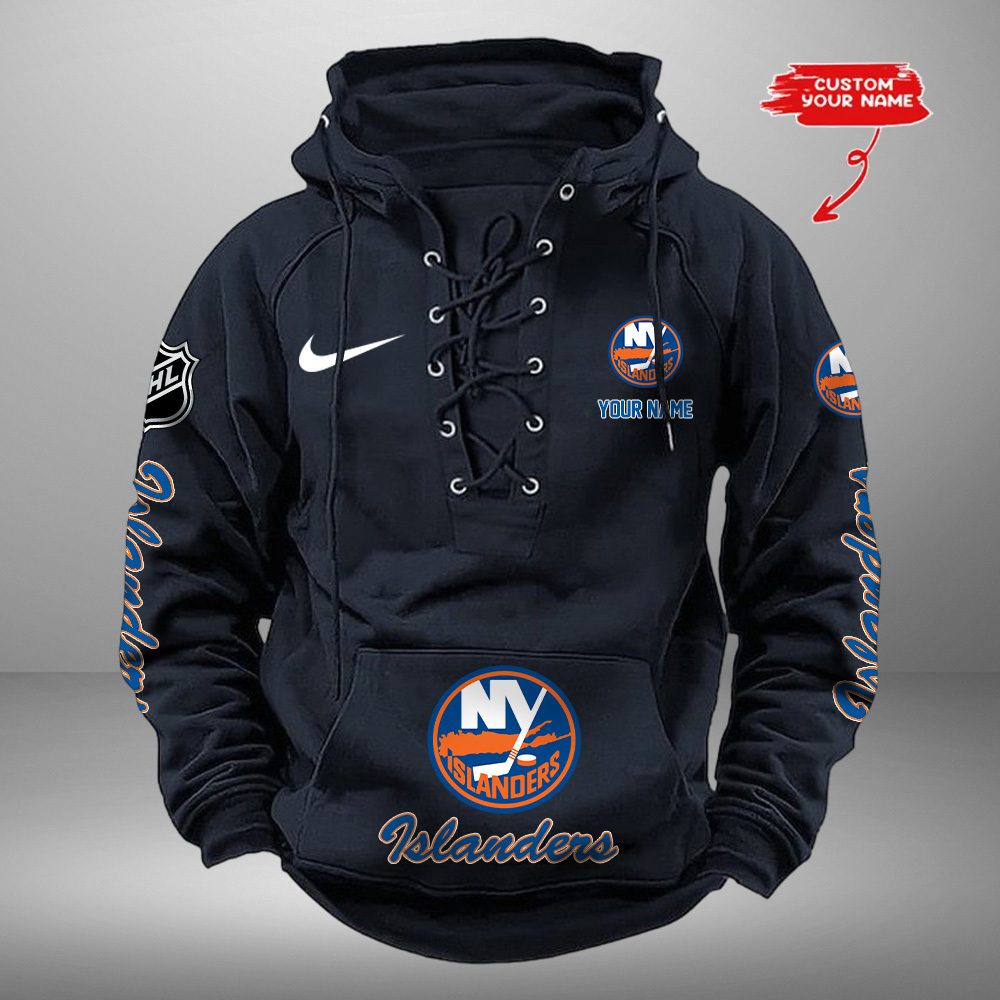New-York-Islanders-NHL-Swoosh-Hooded-Lace-Up-Retro-Vintage-Hoodie-Custom-Name New York Islanders NHL Swoosh Hooded Lace Up Retro Vintage Hoodie Custom Name