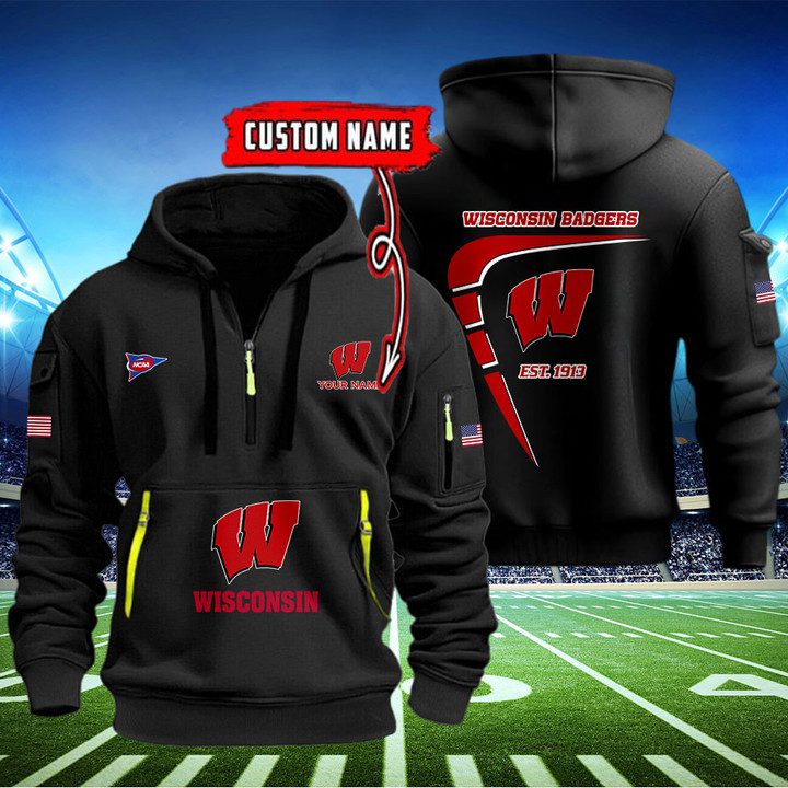Wisconsin-Badgers-Quarter-Zip-Hoodie-NCAA2100 Wisconsin Badgers Quarter Zip Hoodie NCAA2100