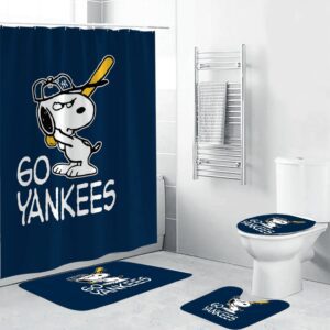 New York Yankees Go Yankees Snoopy 3D Bathroom Sets With Waterproof Shower Curtains And Bath Mat Sets BRS2648