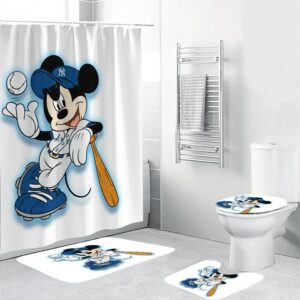 New York Yankees Mickey Wearing Uniform 3D Bathroom Sets With Waterproof Shower Curtains And Bath Mat Sets BRS2695