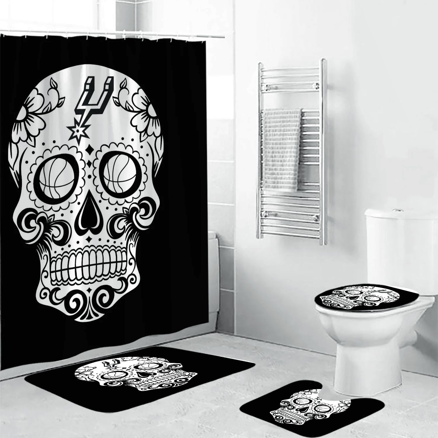San-Antonio-Spurs-Skull-Black-White-Waterproof-Shower-Curtain-Non-Slip-Toilet-Lid-Cover-Bath-Mat-Bathroom-Set-BRS2652 San Antonio Spurs Skull Black White Waterproof Shower Curtain Non-Slip Toilet Lid Cover Bath Mat Bathroom Set BRS2652