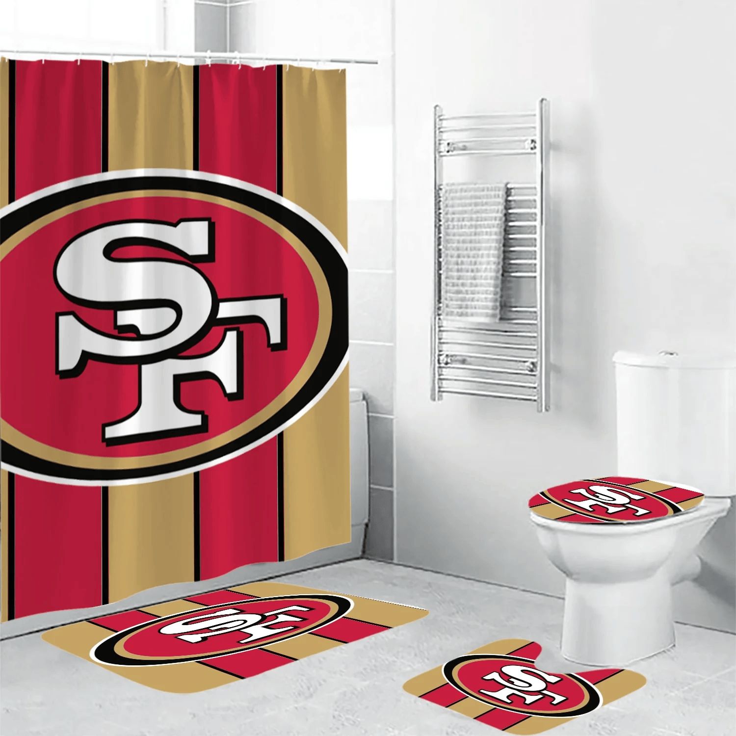 San-Francisco-49ers-Logo-Stripe-Waterproof-Shower-Curtain-Non-Slip-Toilet-Lid-Cover-Bath-Mat-Bathroom-Set-BRS2593 San Francisco 49ers Logo Stripe Waterproof Shower Curtain Non-Slip Toilet Lid Cover Bath Mat Bathroom Set BRS2593
