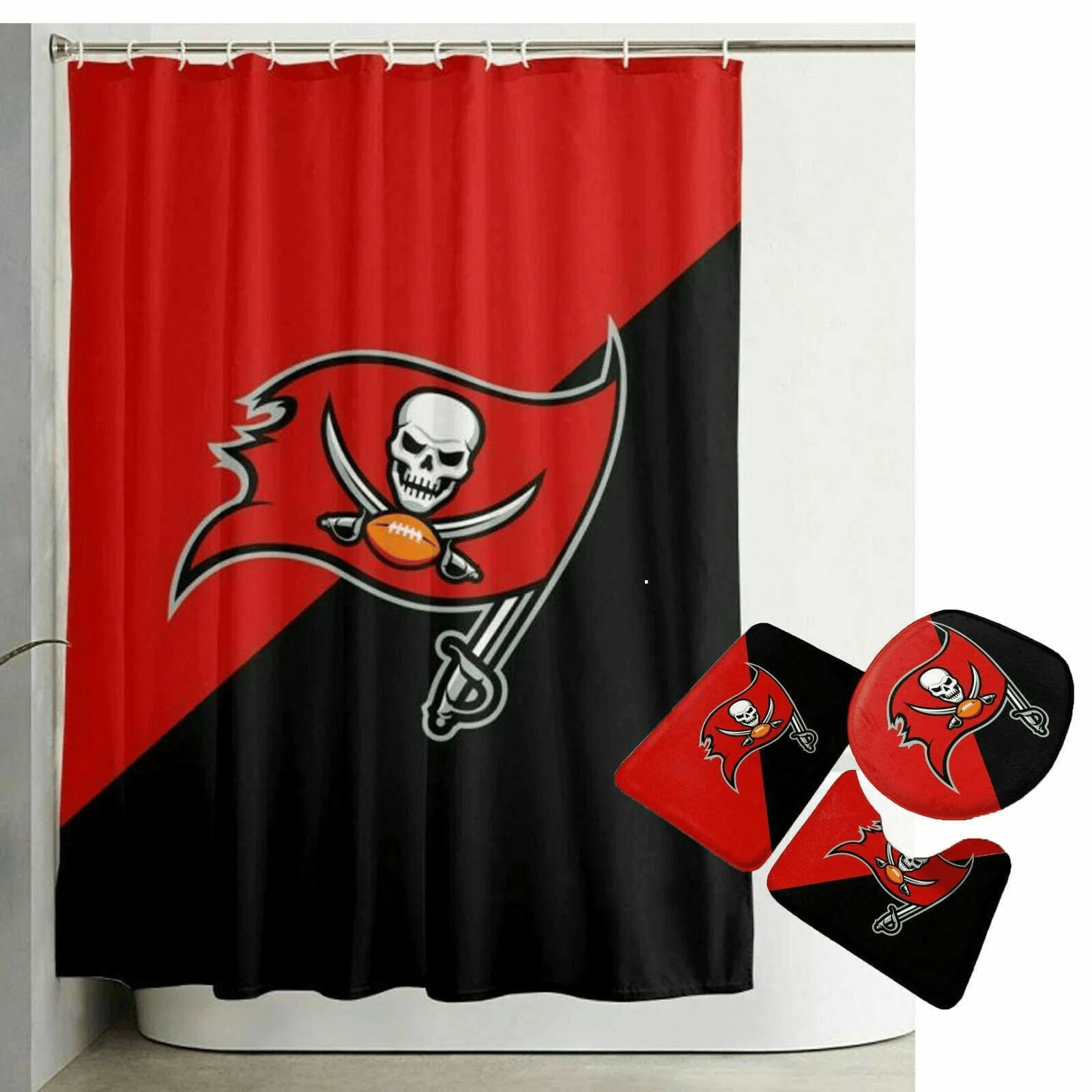 Tampa-Bay-Buccaneers-Logo-Red-and-Black-Waterproof-Shower-Curtain-Non-Slip-Toilet-Lid-Cover-Bath-Mat-Bathroom-Set-BRS4189 Tampa Bay Buccaneers Logo Red and Black Waterproof Shower Curtain Non-Slip Toilet Lid Cover Bath Mat Bathroom Set BRS4189
