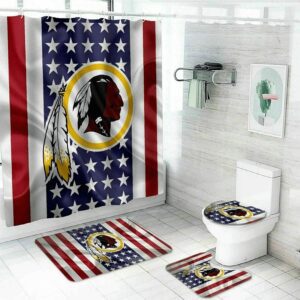 Washington Commanders USA Flag 2 Background Logo Waterproof Shower Curtain Non-Slip Toilet Lid Cover Bath Mat Bathroom Set BRS4188