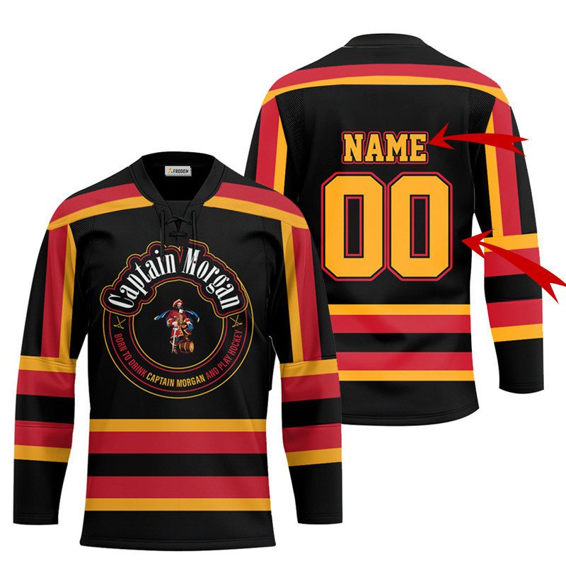 Personalized-Black-Born-To-Drink-Captain-Morgan-and-Play-Lace-Hockey-Jersey Personalized Black Born To Drink Captain Morgan and Play Lace Hockey Jersey