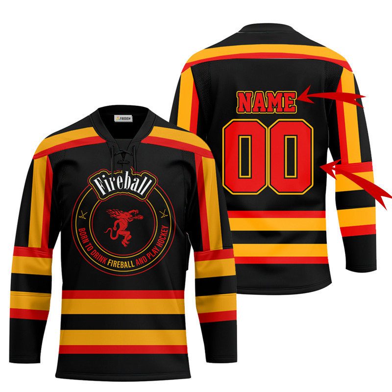 Personalized-Black-Born-To-Drink-Fireball-Whiskey-and-Play-Lace-Hockey-Jersey Personalized Black Born To Drink Fireball Whiskey and Play Lace Hockey Jersey
