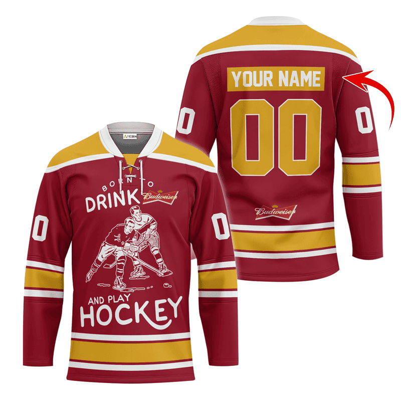 Personalized-Born-To-Drink-Budweiser-and-Play-Lace-Hockey-Jersey Personalized Born To Drink Budweiser and Play Lace Hockey Jersey