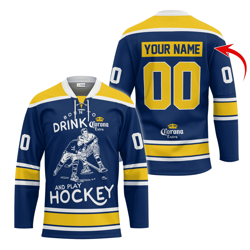 Personalized-Born-To-Drink-Corona-Extra-and-Play-Lace-Hockey-Jersey Personalized Born To Drink Corona Extra and Play Lace Hockey Jersey
