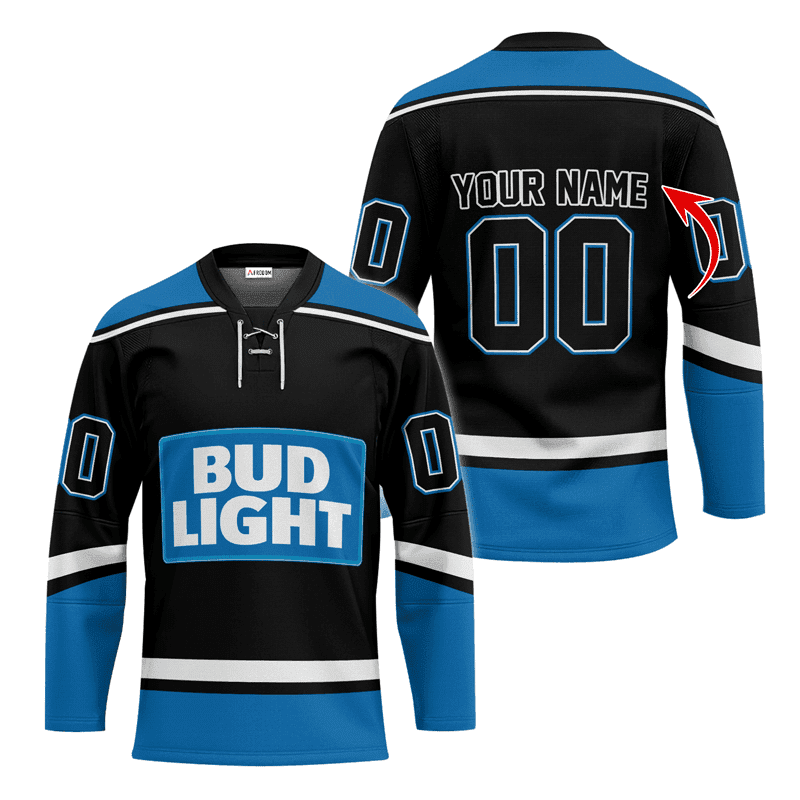 Personalized-Bud-Light-Black-And-Blue-Lace-Hockey-Jersey Personalized Bud Light Black And Blue Lace Hockey Jersey