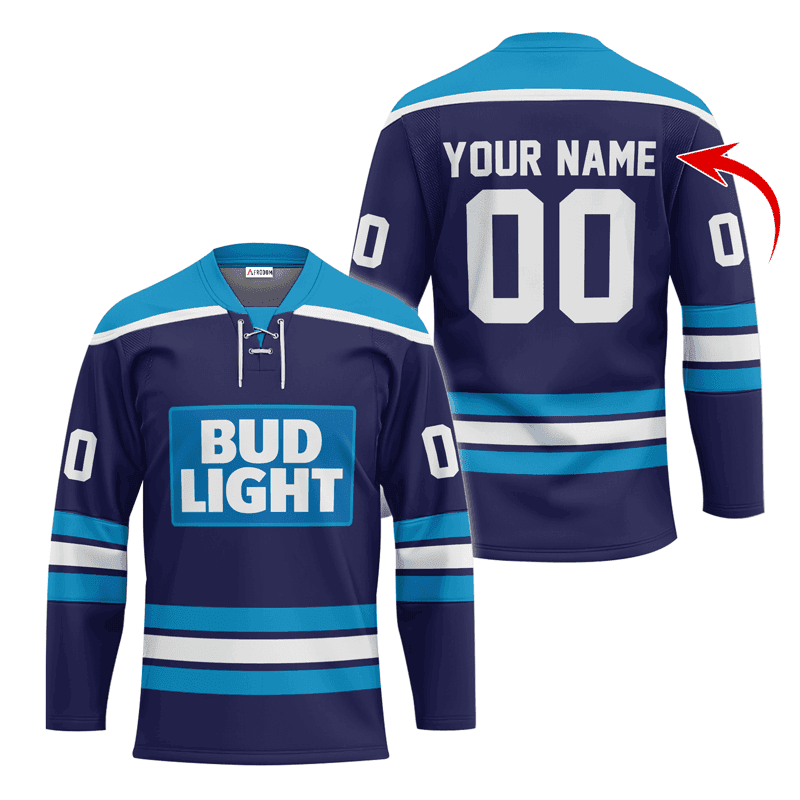 Personalized-Bud-Light-Blue-Lace-Hockey-Jersey Personalized Bud Light Blue Lace Hockey Jersey
