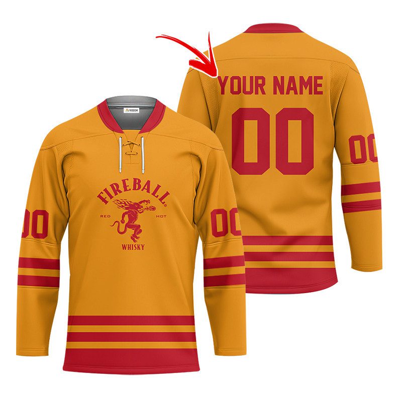 Personalized-Fireball-Whiskey-Yellow-Retro-Lace-Hockey-Jersey Personalized Fireball Whiskey Yellow Retro Lace Hockey Jersey