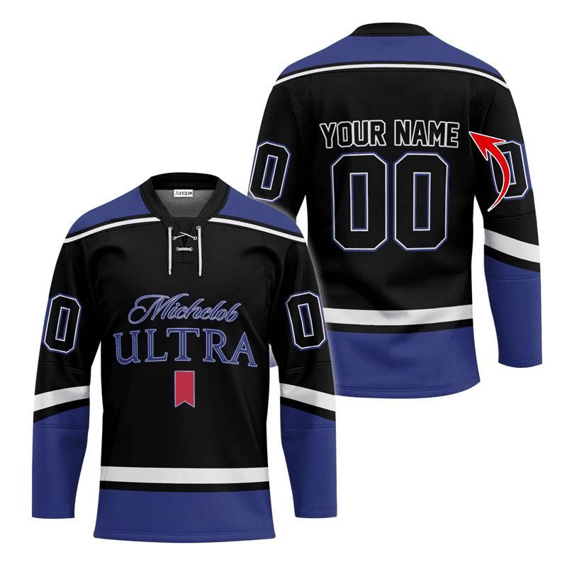 Personalized-Michelob-ULTRA-Black-And-Blue-Lace-Hockey-Jersey Personalized Michelob ULTRA Black And Blue Lace Hockey Jersey
