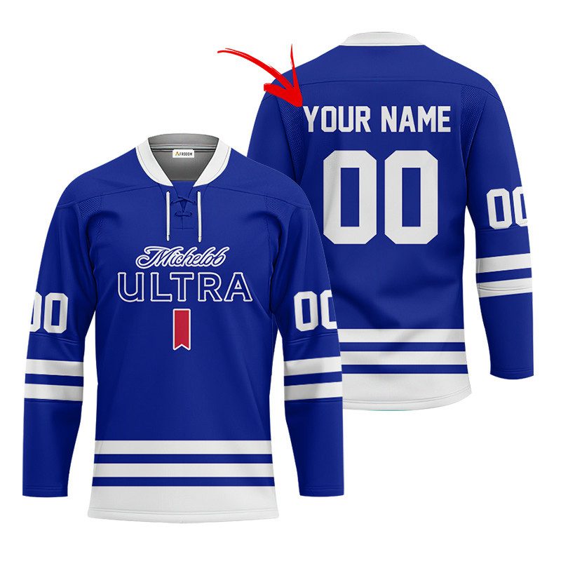 Personalized-Michelob-ULTRA-Blue-Retro-Lace-Hockey-Jersey Personalized Michelob ULTRA Blue Retro Lace Hockey Jersey