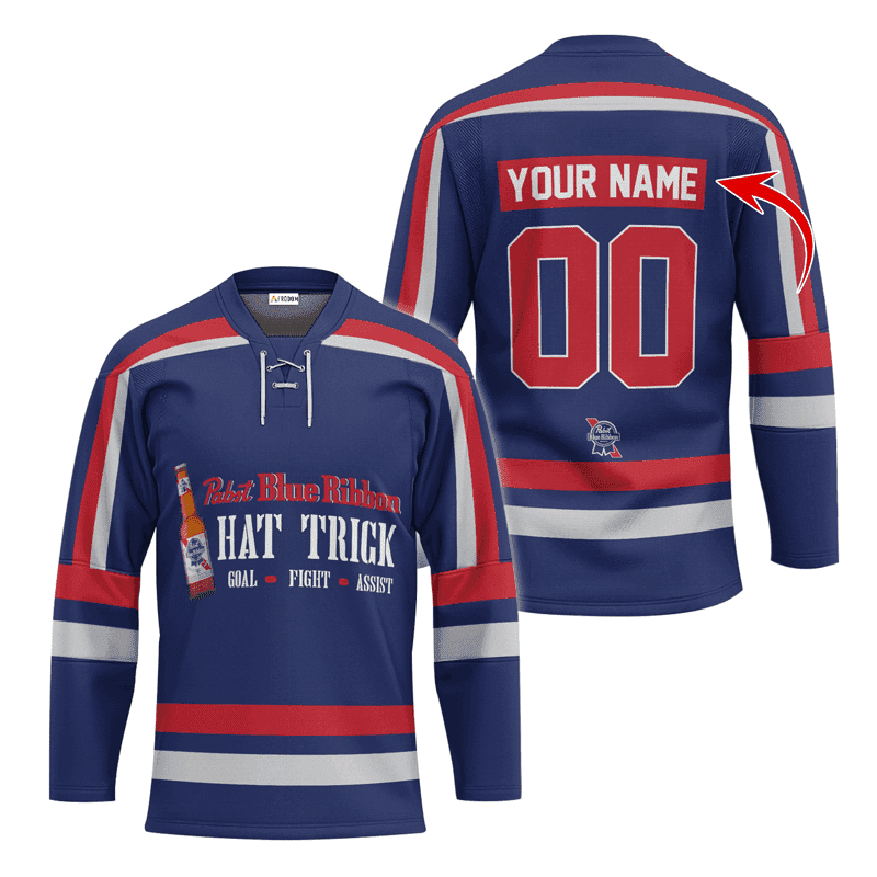 Personalized-Pabst-Blue-Ribbon-Hat-Trick-Lace-Hockey-Jersey Personalized Pabst Blue Ribbon Hat Trick Lace Hockey Jersey