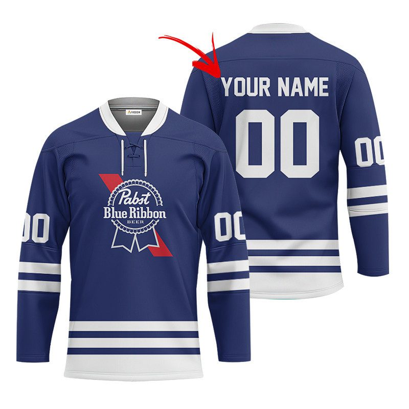 Personalized-Pabst-Blue-Ribbon-Retro-Lace-Hockey-Jersey Personalized Pabst Blue Ribbon Retro Lace Hockey Jersey