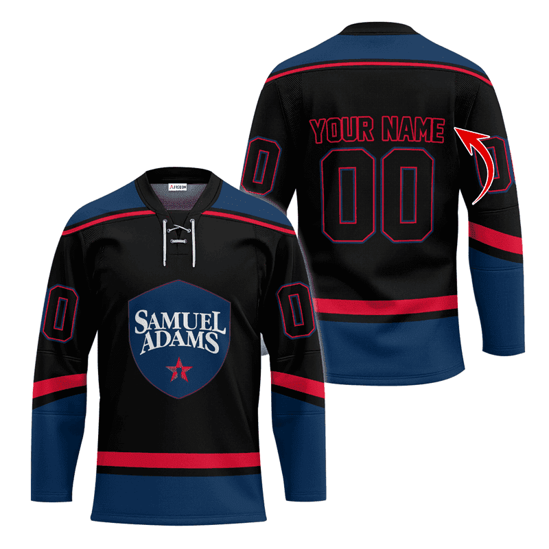 Personalized-Samuel-Adams-Black-And-Blue-Lace-Hockey-Jersey Personalized Samuel Adams Black And Blue Lace Hockey Jersey