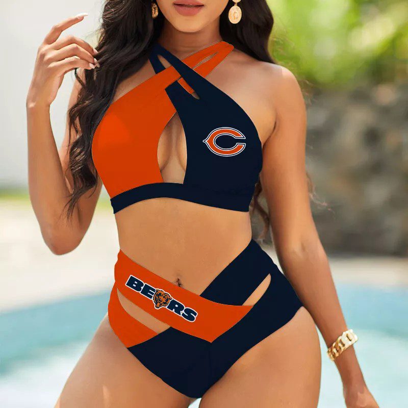 Chicago-Bears-Womens-2PCS-Bikini-Swimsuit-Crisss-Cross-Cutout-Bathing-Suit-ACC1257 Chicago Bears Women's 2PCS Bikini Swimsuit Crisss Cross Cutout Bathing Suit ACC1257