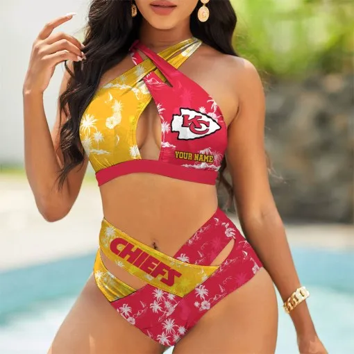 Kansas City Chiefs Women's 2PCS Bikini Swimsuit Crisss Cross Cutout Bathing Suit ACC1031
