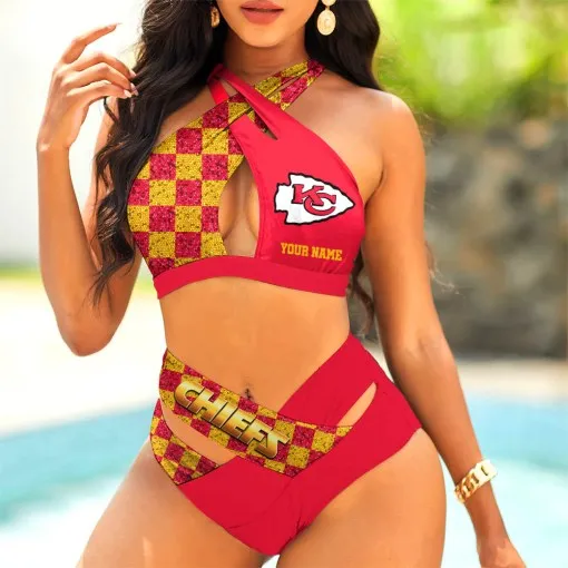 Kansas City Chiefs Women's 2PCS Bikini Swimsuit Crisss Cross Cutout Bathing Suit ACC1095