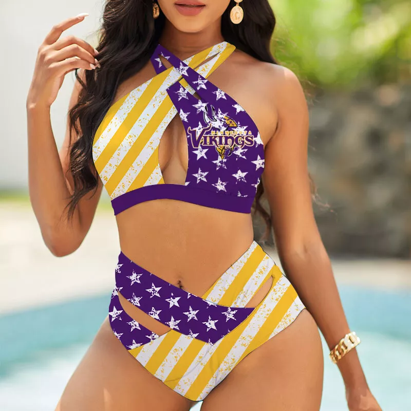 Minnesota Vikings Women's 2PCS Bikini Swimsuit Crisss Cross Cutout Bathing Suit ACC1172