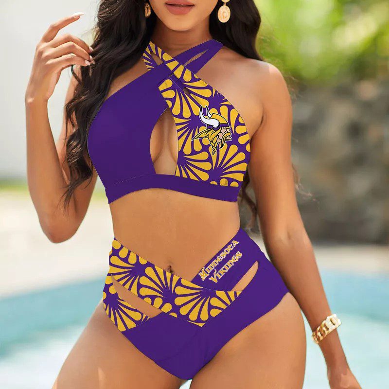Minnesota-Vikings-Womens-2PCS-Bikini-Swimsuit-Crisss-Cross-Cutout-Bathing-Suit-ACC1173 Minnesota Vikings Women's 2PCS Bikini Swimsuit Crisss Cross Cutout Bathing Suit ACC1173