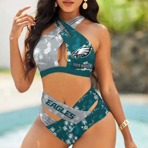 Philadelphia Eagles Women's 2PCS Bikini Swimsuit Crisss Cross Cutout Bathing Suit ACC1021