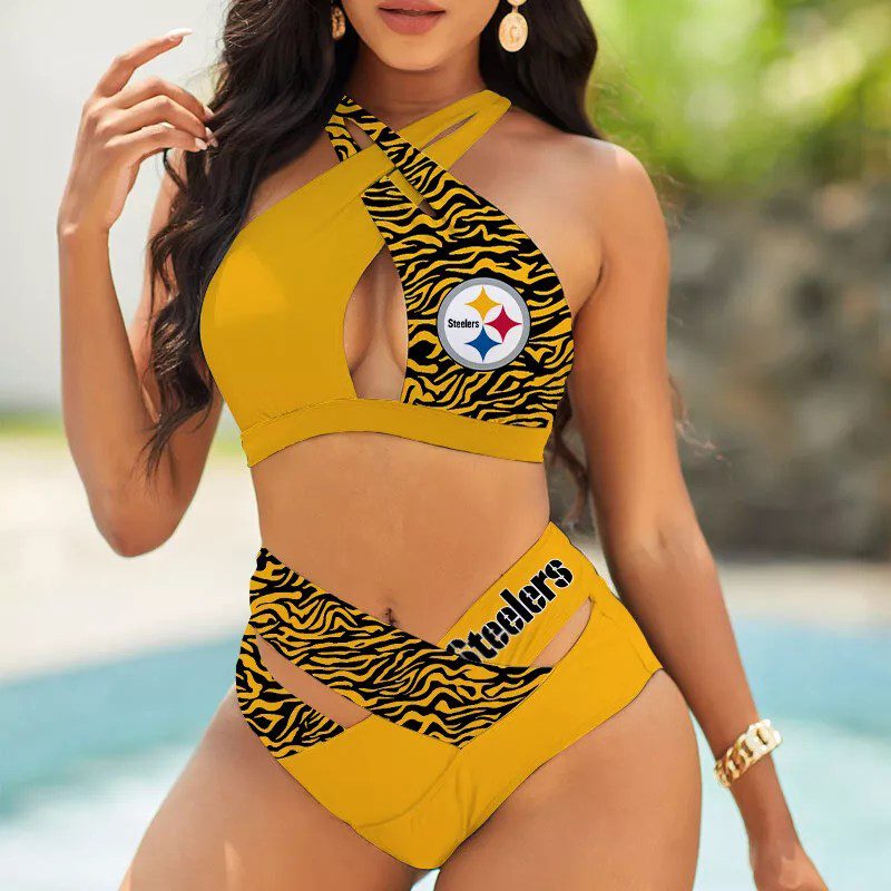 Pittsburgh-Steelers-Womens-2PCS-Bikini-Swimsuit-Crisss-Cross-Cutout-Bathing-Suit-ACC1263 Pittsburgh Steelers Women's 2PCS Bikini Swimsuit Crisss Cross Cutout Bathing Suit ACC1263