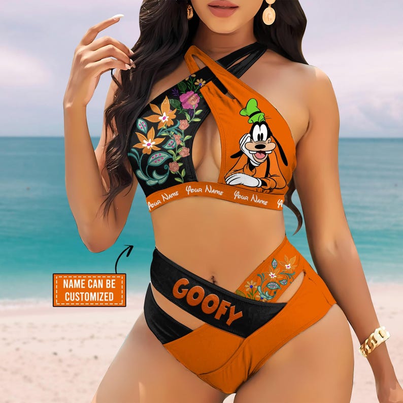 Custom-Disney-Goofy-Flowers-Womens-2PCS-Bikini-Swimsuit-Crisss-Cross-Cutout-Bathing-Suit-EBN1028 Custom Disney Goofy Flowers Women's 2PCS Bikini Swimsuit Crisss Cross Cutout Bathing Suit EBN1028