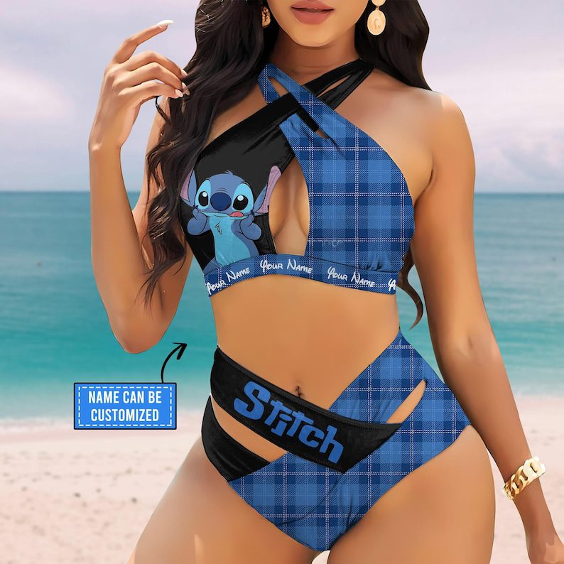 Custom-Lilo-Stitch-And-Striped-Pattern-Womens-2PCS-Bikini-Swimsuit-Crisss-Cross-Cutout-Bathing-Suit-EBN1066 Custom Lilo & Stitch And Striped Pattern Women's 2PCS Bikini Swimsuit Crisss Cross Cutout Bathing Suit EBN1066