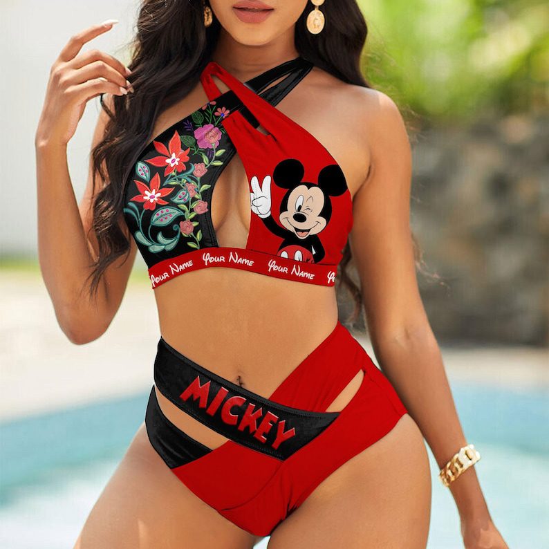 Custom-Mickey-Floral-Womens-2PCS-Bikini-Swimsuit-Crisss-Cross-Cutout-Bathing-Suit-EBN1044 Custom Mickey Floral Women's 2PCS Bikini Swimsuit Crisss Cross Cutout Bathing Suit EBN1044