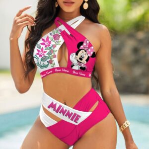 Custom Minnie Mouse Floral Women's 2PCS Bikini Swimsuit Crisss Cross Cutout Bathing Suit EBN1002