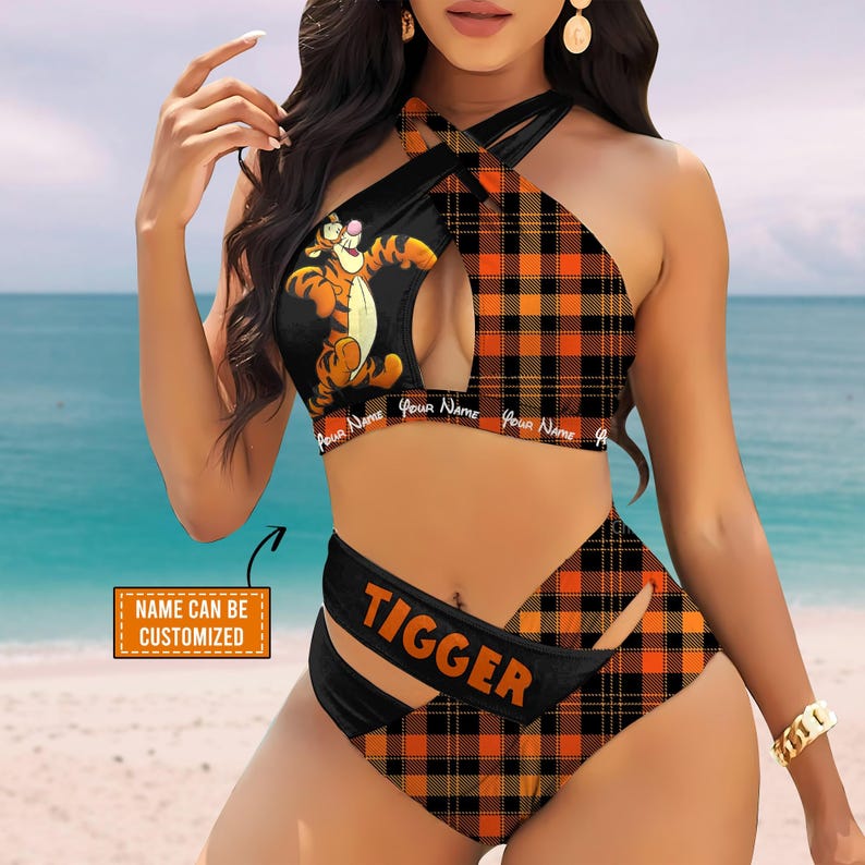 Custom-Tigger-Striped-Pattern-Womens-2PCS-Bikini-Swimsuit-Crisss-Cross-Cutout-Bathing-Suit-EBN1070 Custom Tigger Striped Pattern Women's 2PCS Bikini Swimsuit Crisss Cross Cutout Bathing Suit EBN1070