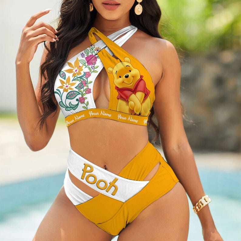 Custom-Winnie-the-Pooh-Floral-Womens-2PCS-Bikini-Swimsuit-Crisss-Cross-Cutout-Bathing-Suit-EBN1038 Custom Winnie-the-Pooh Floral Women's 2PCS Bikini Swimsuit Crisss Cross Cutout Bathing Suit EBN1038