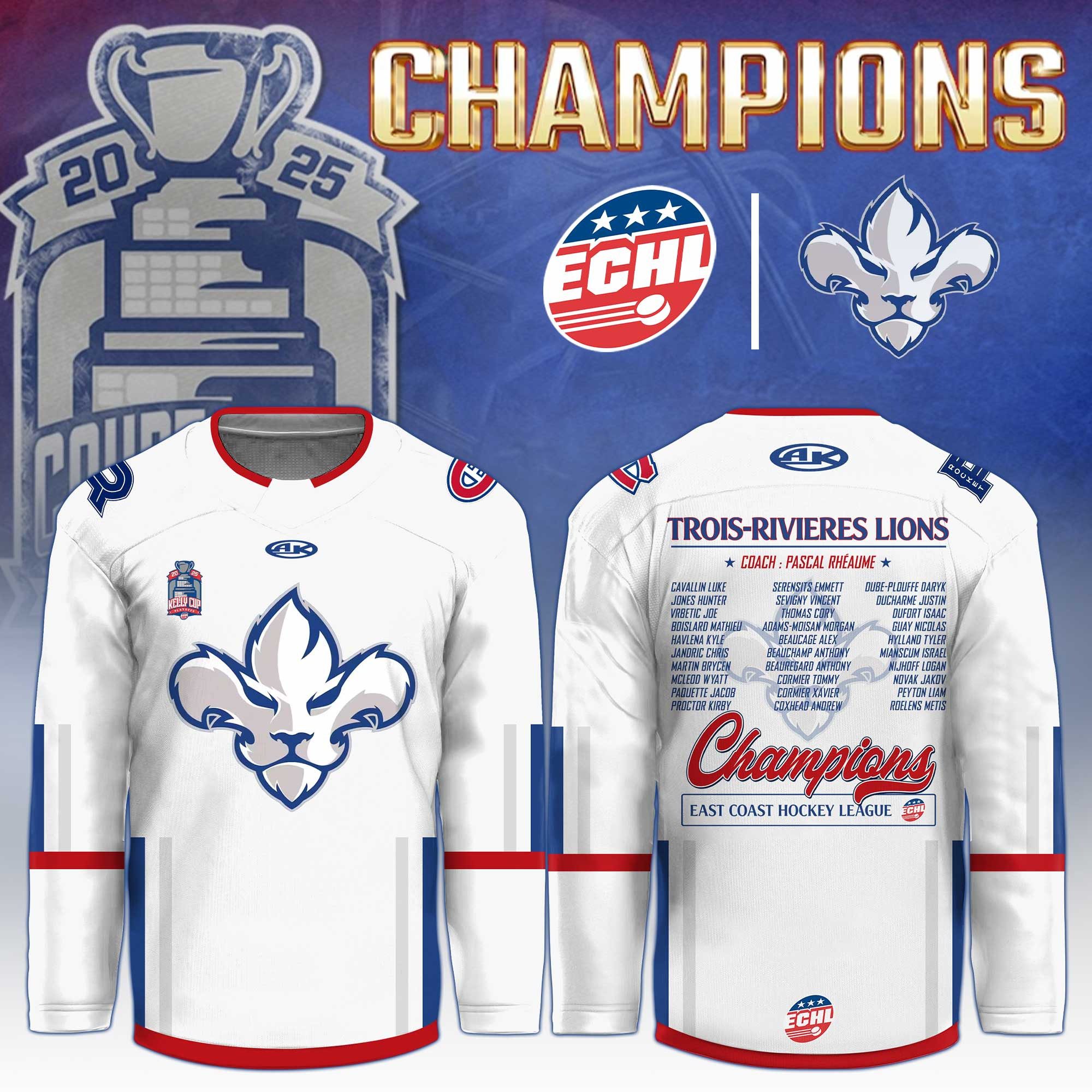 ECHL-Trois-Rivieres-Lions-2025-Kelly-Cup-Champions-Hockey-Jersey ECHL Trois-Rivieres Lions 2025 Kelly Cup Champions Hockey Jersey